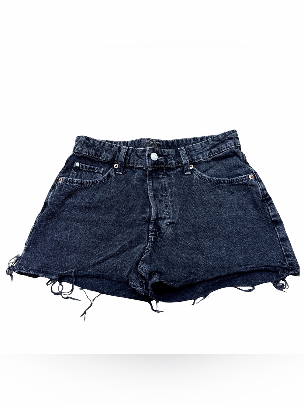 H&M Black Denim High-Waist Frayed Hem Shorts